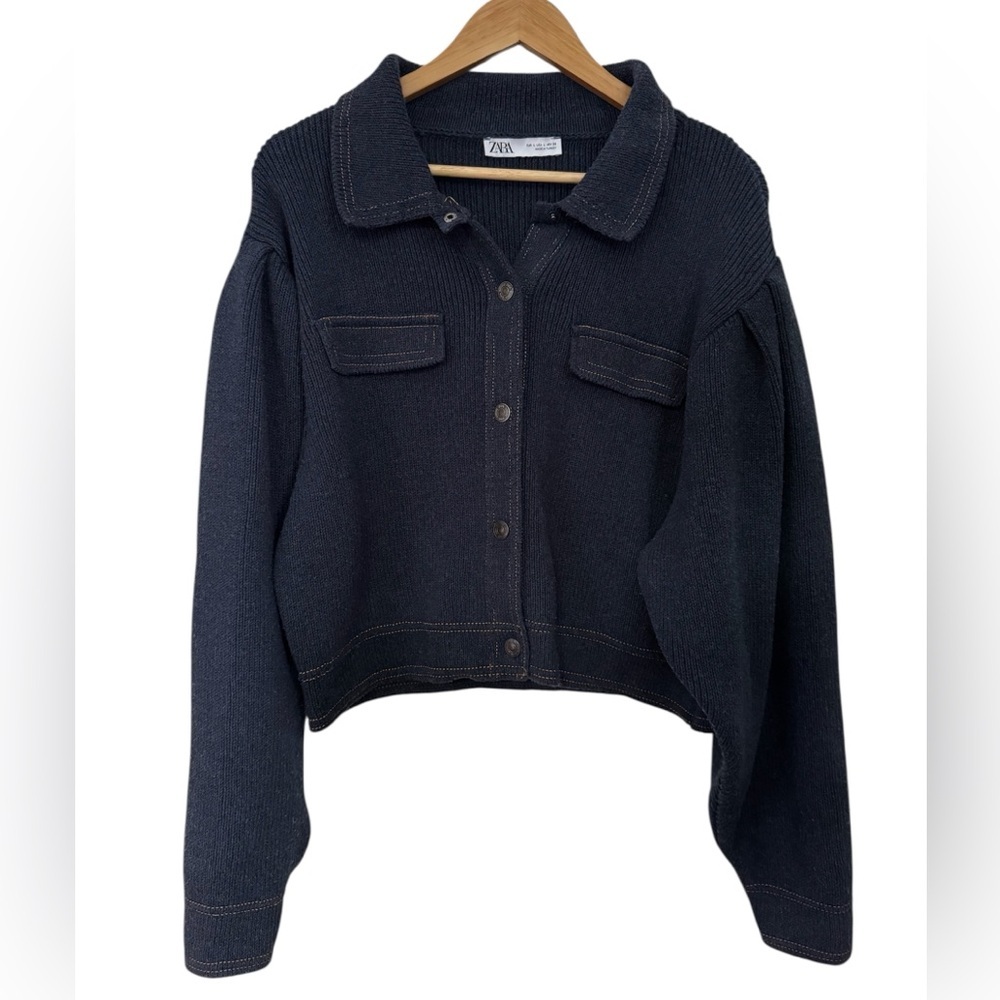 Zara Heavy Knit Cropped Jacket Navy Puff Sleeve Large
